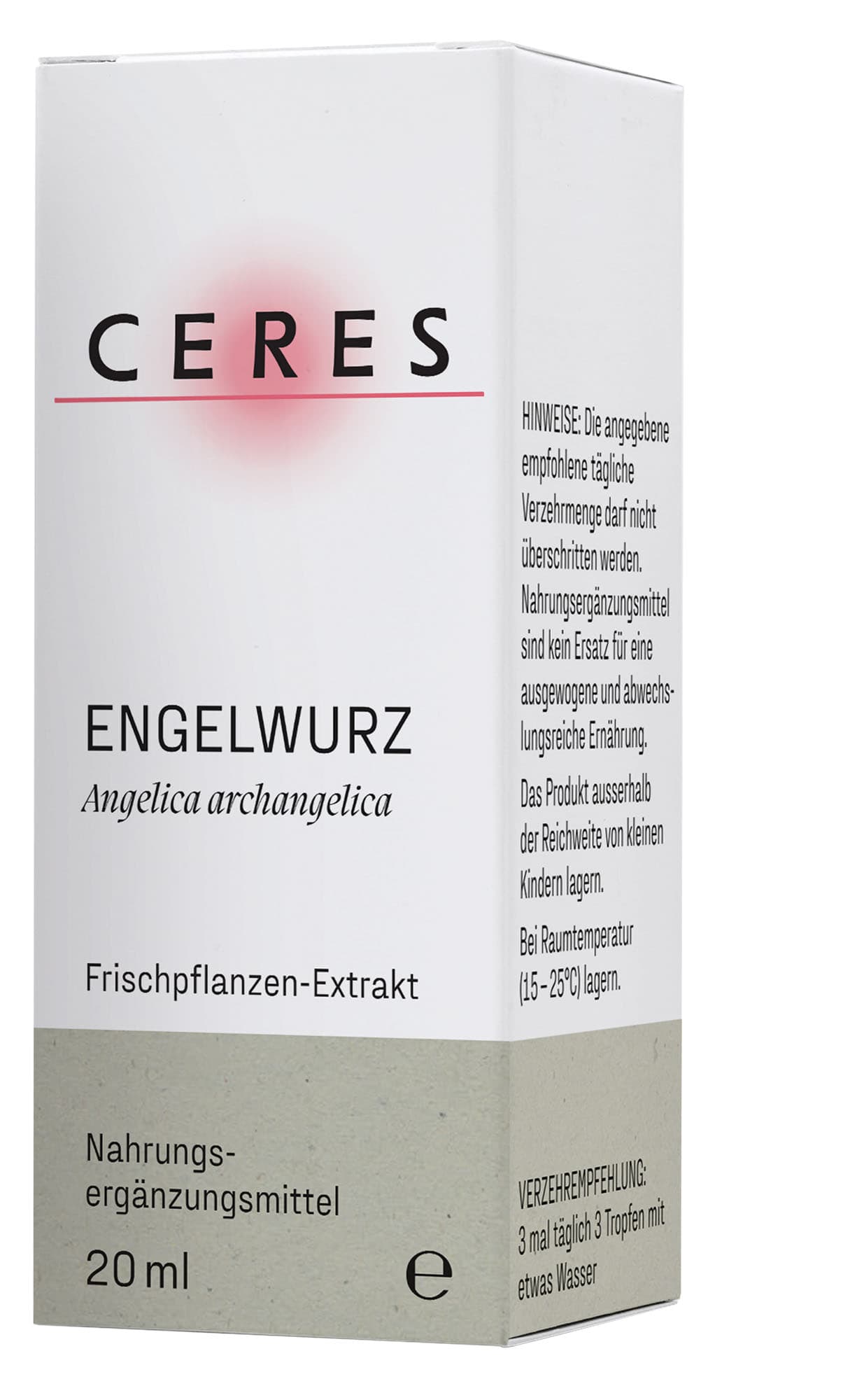 Verpackung eines Nahrungsergänzungsmittels mit Engelwurz-Extrakt (Angelica archangelica) und Hinweisen zur empfohlenen Einnahme und Lagerung auf Deutsch.