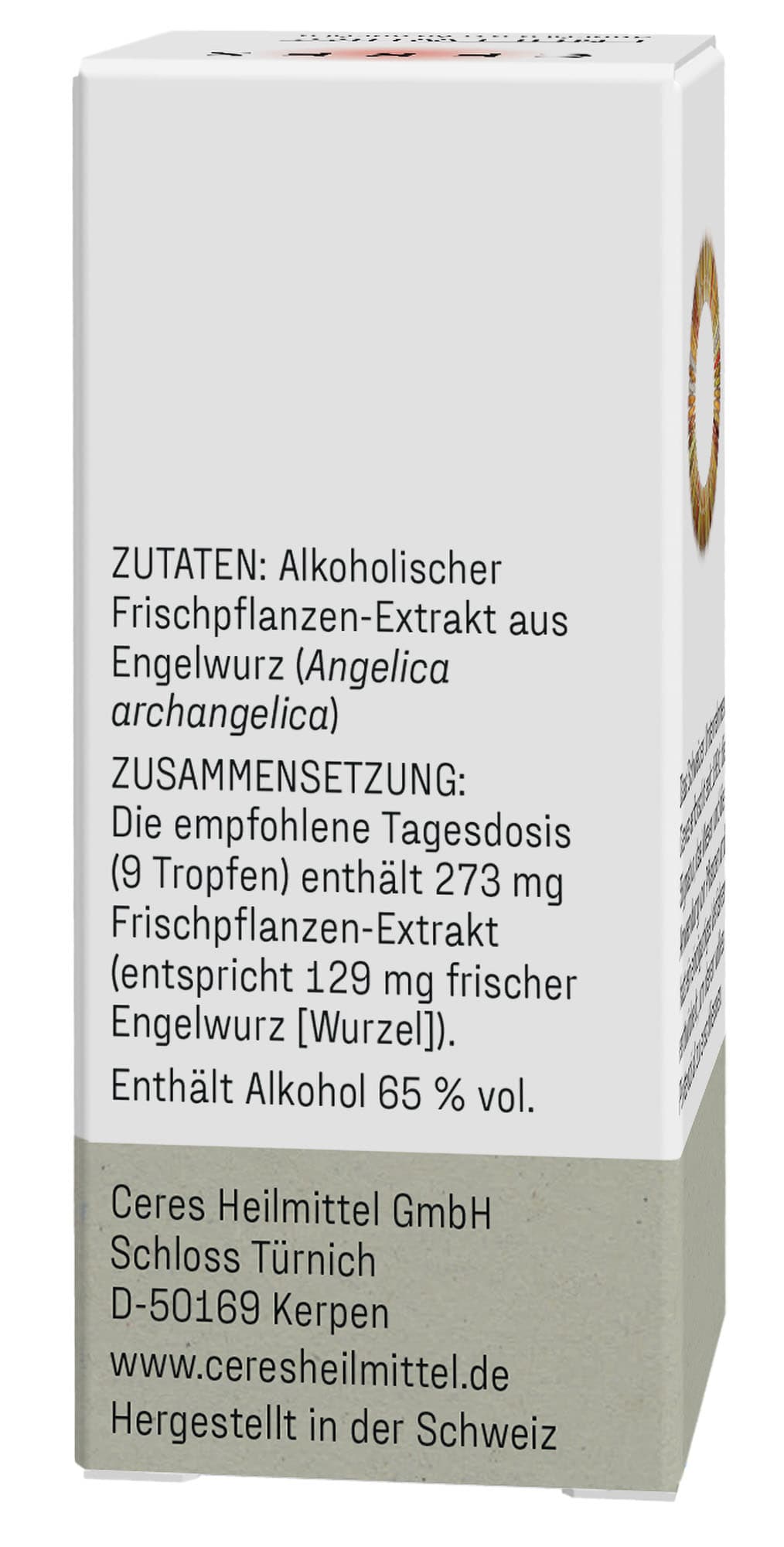 Detailaufnahme eines Produktetiketts mit Zutaten- und Zusammensetzungsangaben zu einem alkoholischen Frischpflanzen-Extrakt aus Engelwurz (Angelica archangelica).
