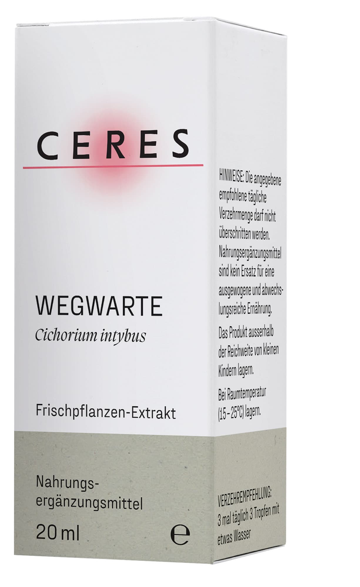 Nahaufnahme eines Fläschchens mit der Aufschrift 'Wegwarte Cichorium intybus Frischpflanzen-Extrakt' und einem Hinweistext zur Einnahme und Lagerung auf Deutsch.