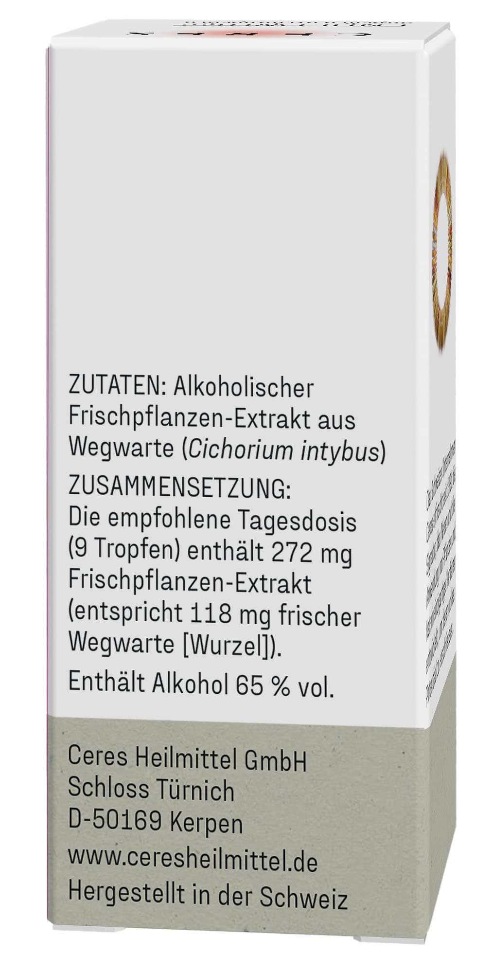 Text auf einem Produktetikett mit Inhaltsangaben zu einem alkoholischen Frischpflanzen-Extrakt aus Wegwarte (Cichorium intybus) und der empfohlenen Tagesdosis.