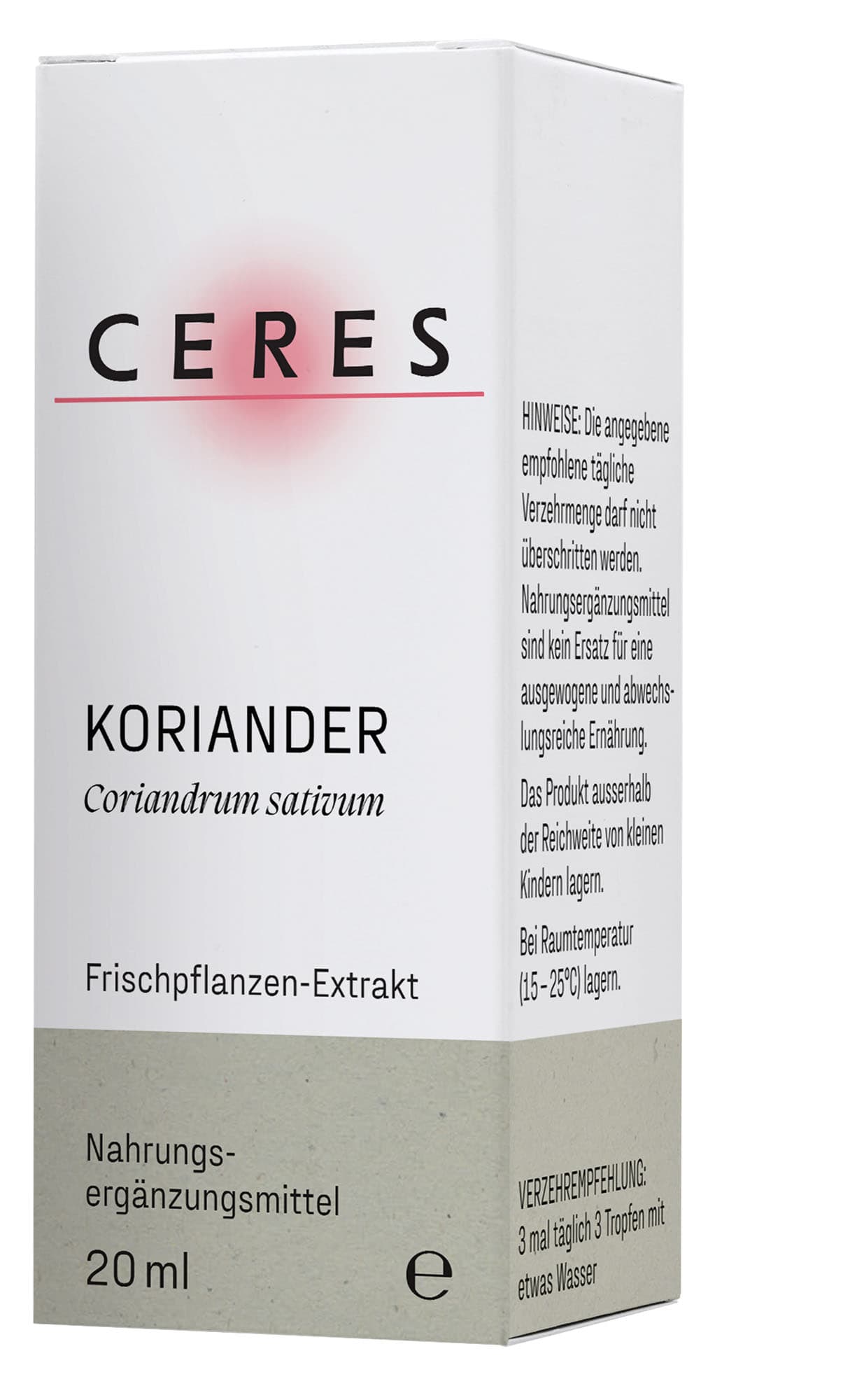 Etikett einer Flasche mit Koriander-Frischpflanzen-Extrakt, zeigt den botanischen Namen Coriandrum sativum und Hinweise zur Lagerung und Anwendung.