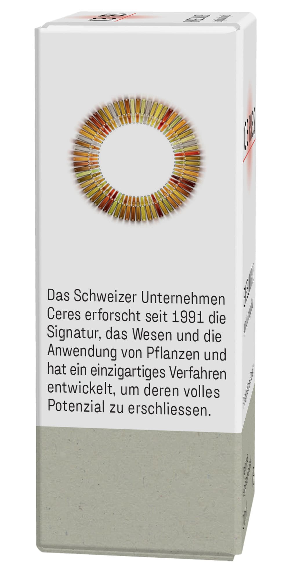Text auf einer Verpackung beschreibt, dass das Schweizer Unternehmen Ceres seit 1991 die Signatur, das Wesen und die Anwendung von Pflanzen erforscht und ein einzigartiges Verfahren entwickelt hat.