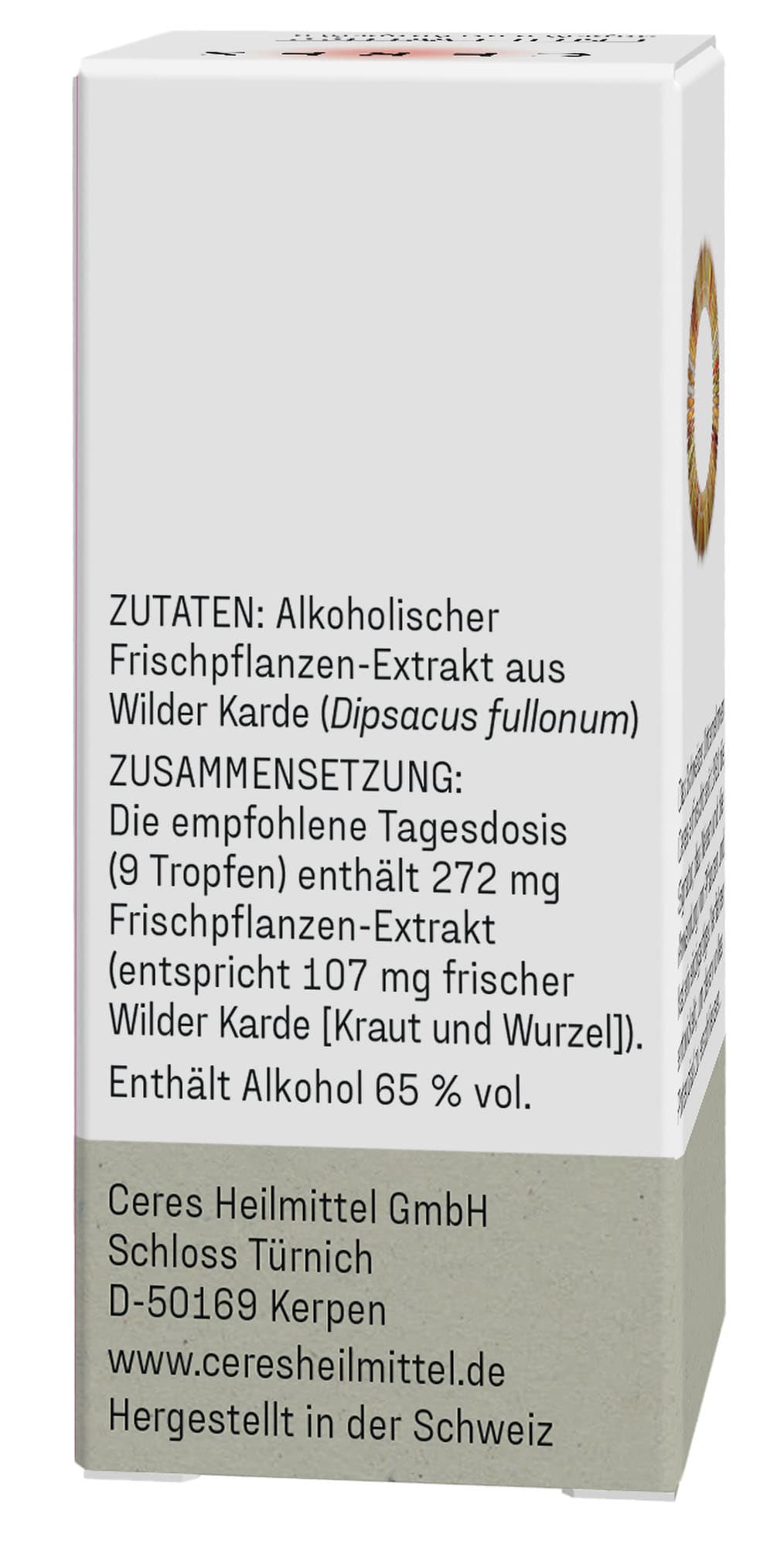 Text auf einer Verpackung mit Inhaltsangaben zu alkoholischem Frischpflanzen-Extrakt aus Wilder Karde (Dipsacus fullonum) und empfohlener Tagesdosis in Tropfen.