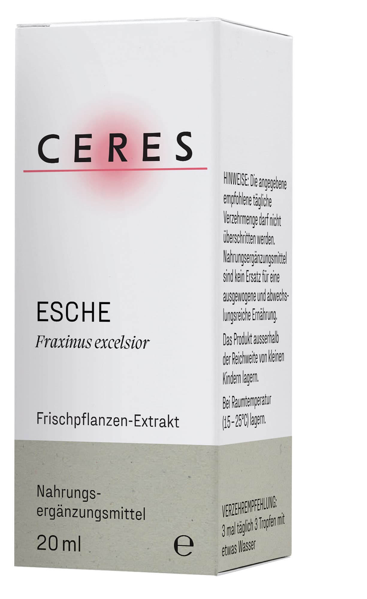 Detailaufnahme eines Etiketts eines Produkts mit dem Pflanzenextrakt Esche (Fraxinus excelsior) und Hinweisen zur empfohlenen Verzehrmenge und Lagerung.