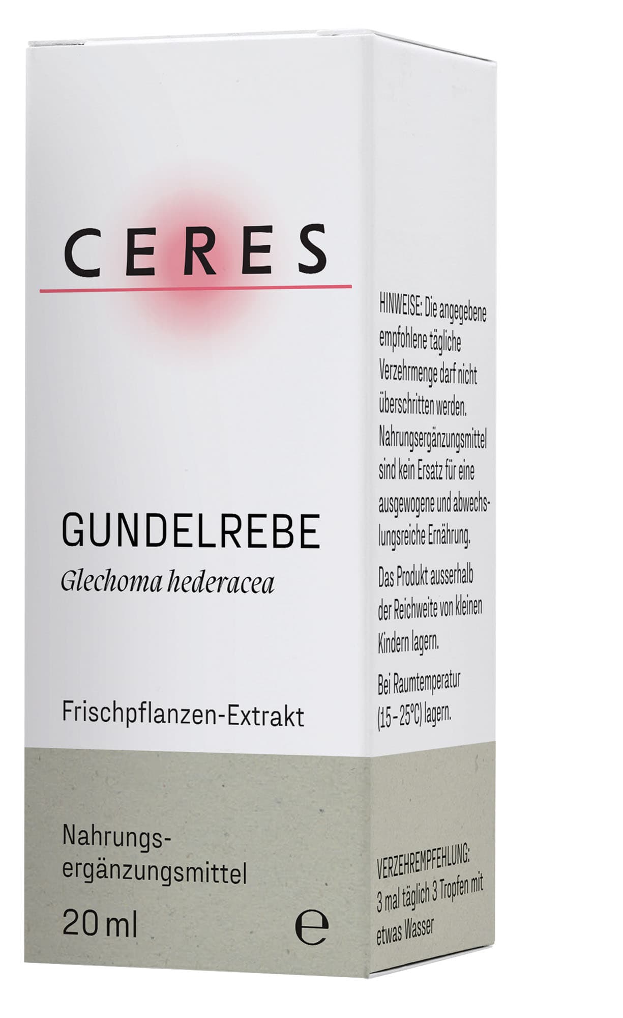 Nahaufnahme eines Produkts mit der Aufschrift "Gundelrebe Glechoma hederacea Frischpflanzen-Extrakt" und einem Hinweistext zur empfohlenen täglichen Verzehrmenge und Lagerung.