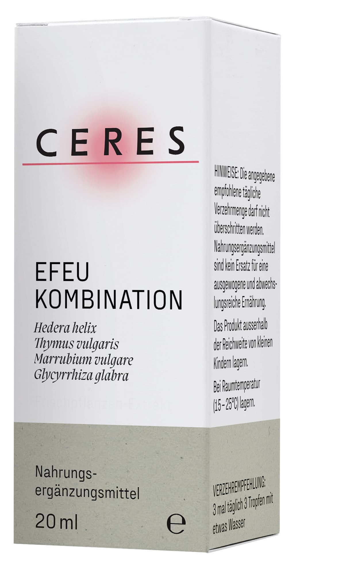 Detailaufnahme eines Etiketts auf einer Verpackung mit den Aufschriften 'EFEU KOMBINATION' und den lateinischen Pflanzennamen Hedera helix, Thymus vulgaris, Marrubium vulgare, Glycyrrhiza glabra sowie einem Hinweistext zur empfohlenen täglichen Verzehrmenge und Lagerung.