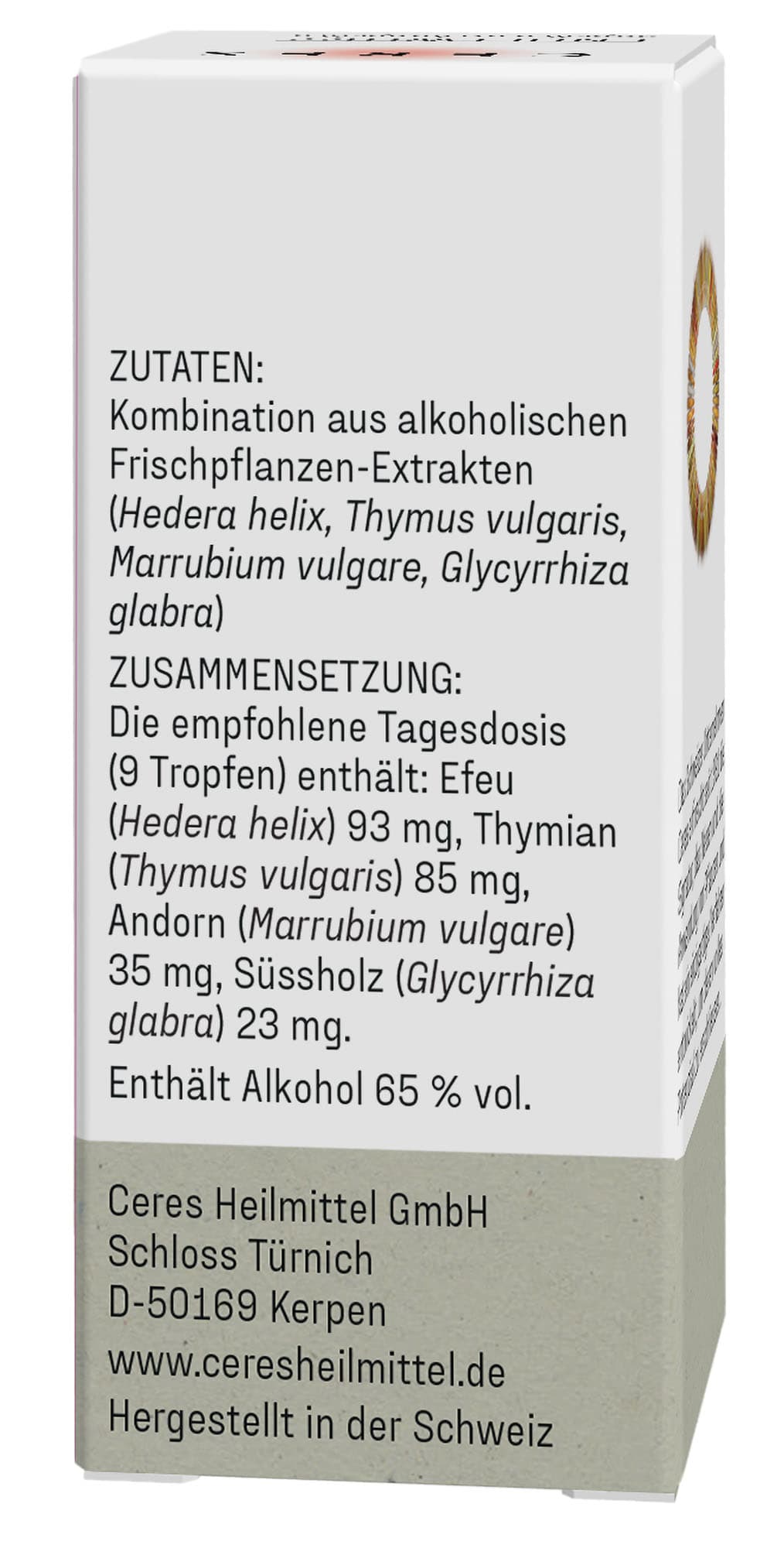 Text auf der Verpackung mit der Zusammensetzung eines pflanzlichen Extrakts aus Efeu, Thymian, Andorn und Süßholz, einschließlich der empfohlenen Tagesdosis in Milligramm.