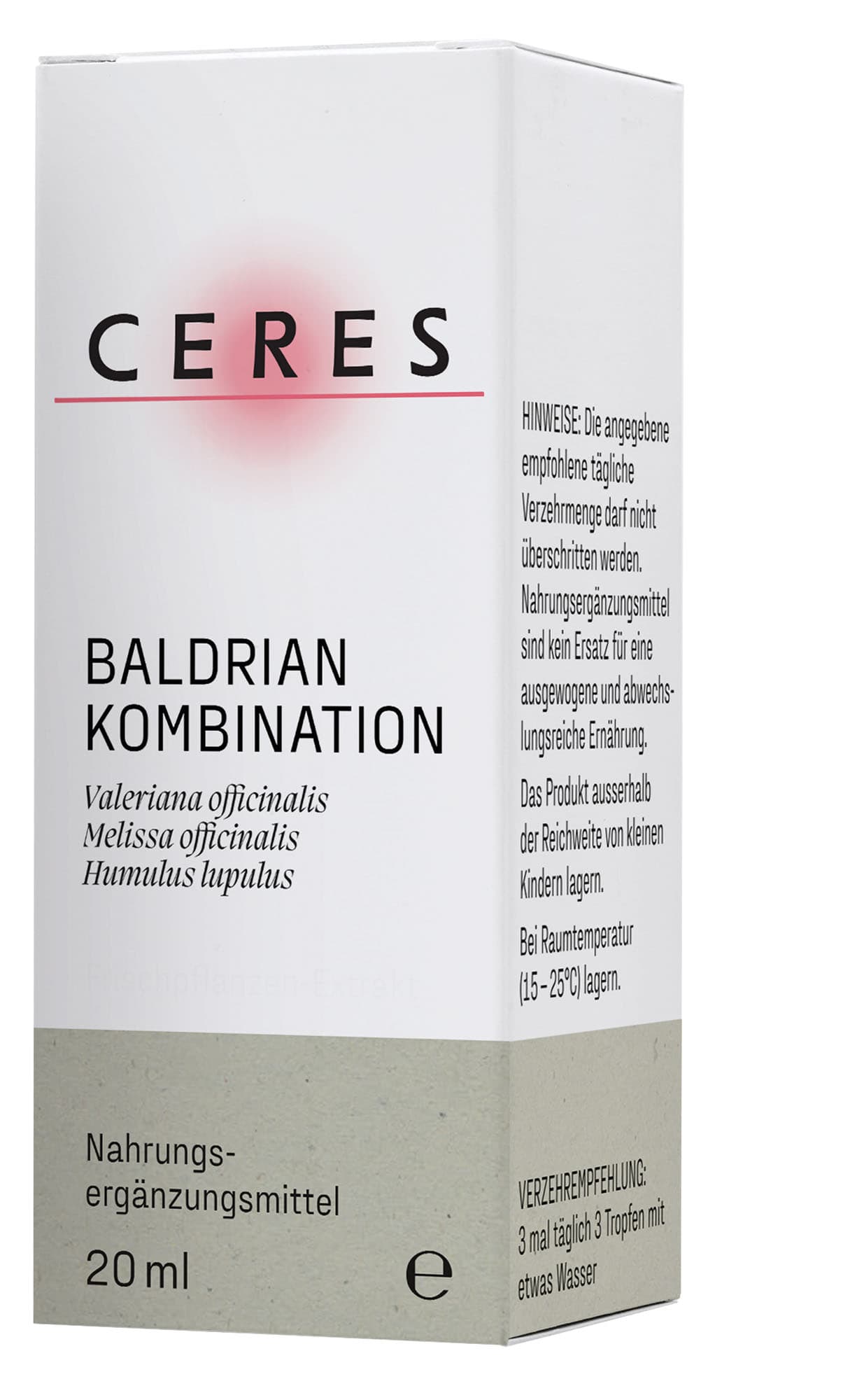 Packungsdetail einer Baldrian-Kombination mit den Inhaltsstoffen Valeriana officinalis, Melissa officinalis und Humulus lupulus sowie Hinweisen zur Einnahme und Lagerung auf Deutsch.