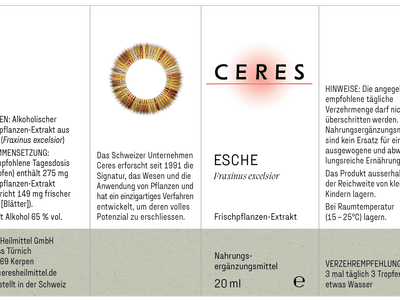 Produktetikett für Ceres Esche (Fraxinus excelsior) Frischpflanzen-Extrakt mit Informationen über das Unternehmen Ceres, Inhaltsstoffe und Einnahmeempfehlungen.