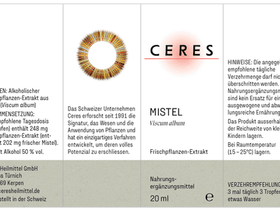 Produktetikett für ein Nahrungsergänzungsmittel der Firma Ceres mit Frischpflanzen-Extrakt aus Mistel (Viscum album), inklusive Informationen zur Forschung, Zusammensetzung und Lagerung.