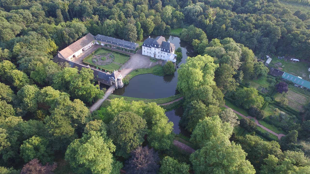 Luftaufnahme eines historischen Schlosses mit einem Innenhof und Garten, umgeben von einem Wassergraben und dichtem Wald.