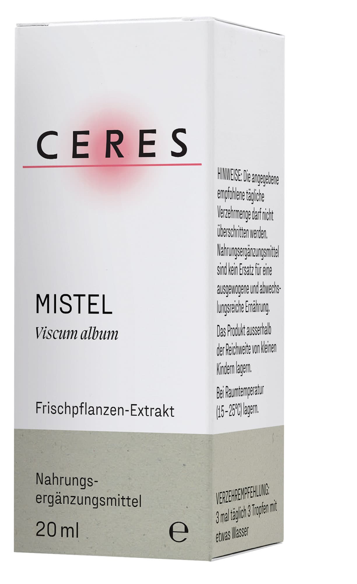 Verpackung eines Produkts mit Mistel-Extrakt (Viscum album) und Hinweisen zur richtigen Lagerung und Verwendung.