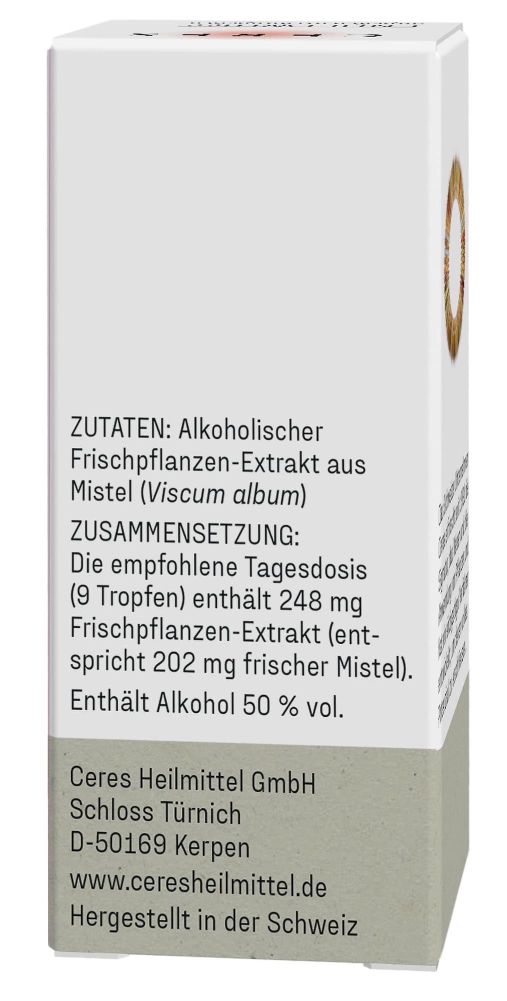 Text auf einer Verpackung mit Zutaten- und Zusammensetzungsangaben eines alkoholischen Frischpflanzen-Extrakts aus Mistel (Viscum album), das die empfohlene Tagesdosis von 9 Tropfen und die enthaltene Menge angibt.